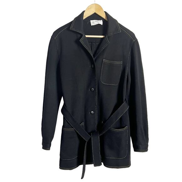 Vintage Kimberly Black Wool Knit Belted Button Front Patch Pocket Jacket Size L - Picture 1 of 12